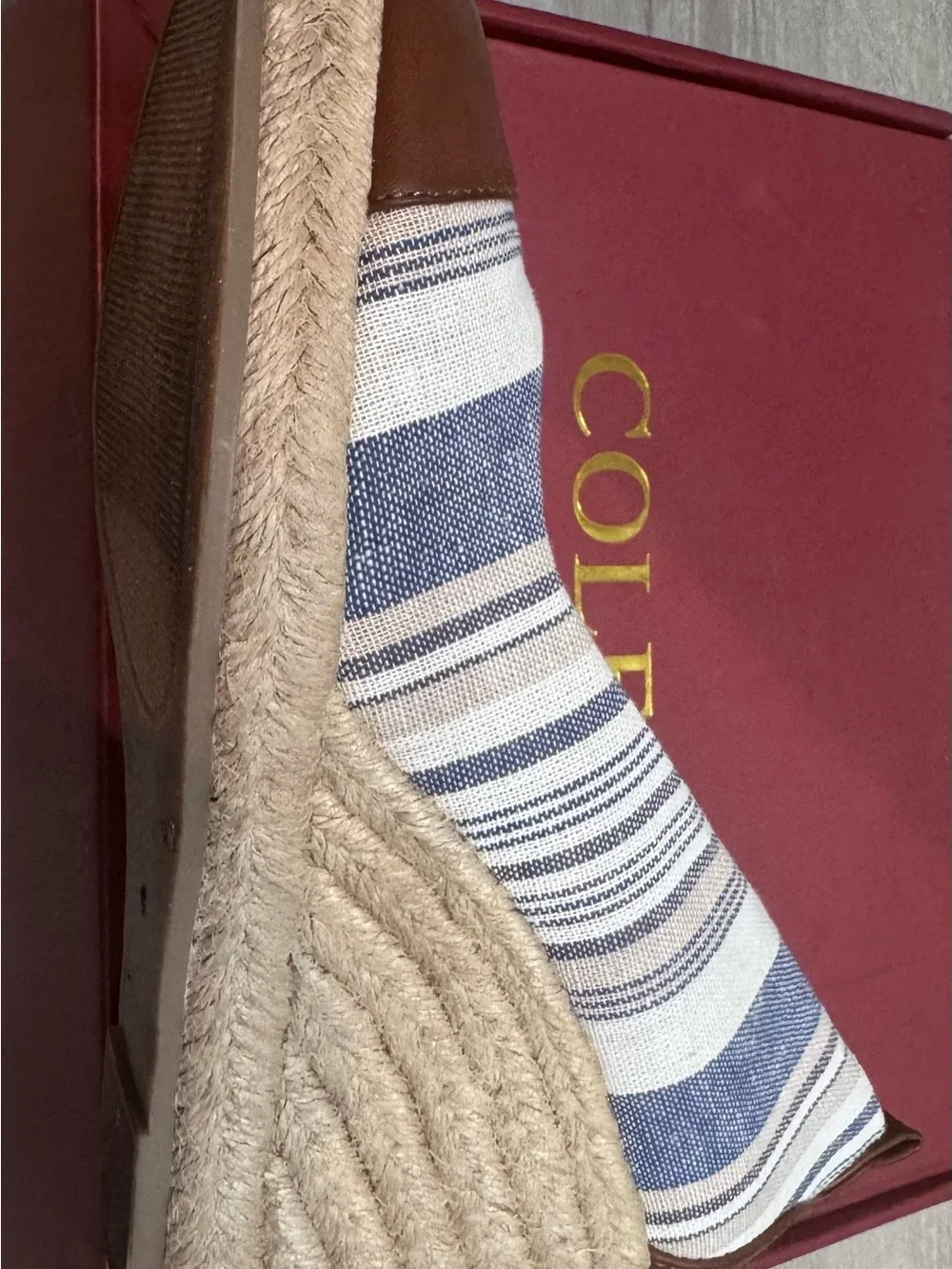 G.H. Bass & Co. Blue and White Striped Espadrille Wedge with Brown Cap Toe